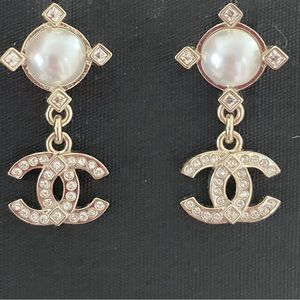 Chanel Baroque Chic CC Gold Drop Earrings with Pearls & Crystal Cross Motif